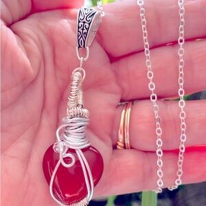 Red heart gemstone wirewrapped pendant  necklace